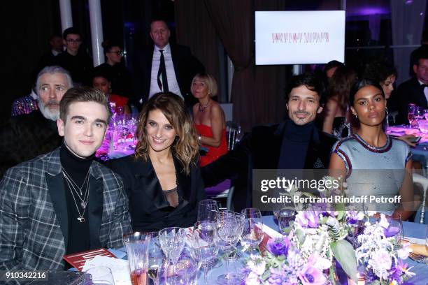 Gabriel-Kane Day-Lewis, guest, Andres Velencoso and Tina Kunakey attend the 16th Sidaction as part of Paris Fashion Week on January 25, 2018 in...