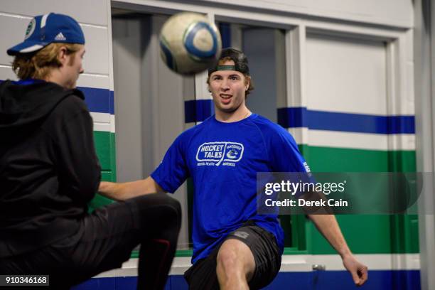 Ben Hutton and Brock Boeser of the Vancouver Canucks warm up prior to their NHL game against the Buffalo Sabres at Rogers Arena on January 25, 2018...