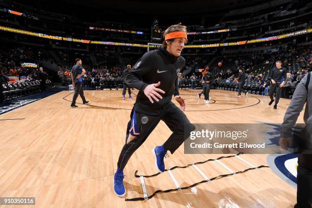 Ron Baker of the New York Knicks warms up before the game against the Denver Nuggets on January 25, 2018 at the Pepsi Center in Denver, Colorado....