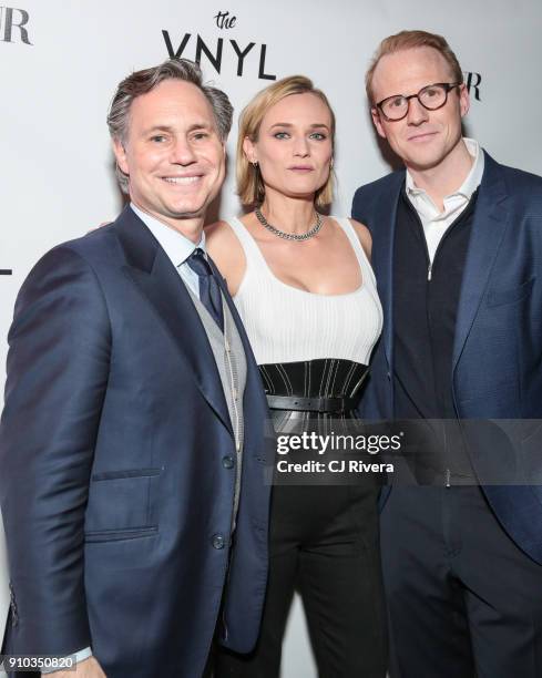 Jason Binn, Diane Kruger, and James Morrissey attend a celebration of Diane Kruger's DuJour Magazine cover at The Vnyl on January 25, 2018 in New...