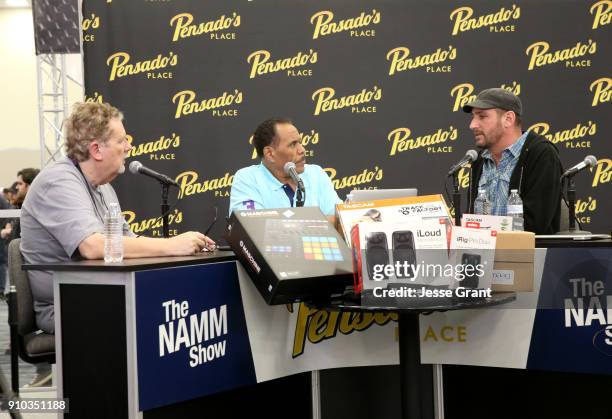 Dave Pensado, Herb Trawick and musician Dan Konopka speak at NAMM Show 2018 at the Anaheim Convention Center on January 25, 2018 in Anaheim,...