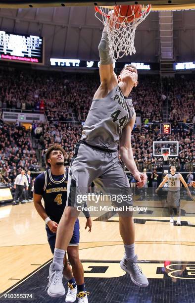 Isaac Haas of the Purdue Boilermakers dunks the ball during the game against the Michigan Wolverines at Mackey Arena on January 25, 2018 in West...