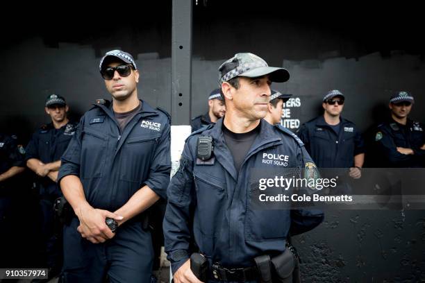 Police presence was strong at the peaceful Invasion Day rarch and rally on January 26, 2018 in Sydney, Australia. Australia Day, formerly known as...