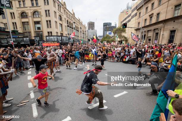 Protesters hold an imprumptu Indigenous Brolga Dance on Broadway, looking down onto the city CBD on January 26, 2018 in Sydney, Australia. Australia...