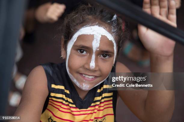 Young girl poses for a portrait at an Invasion Day Rally in Redfern on January 26, 2018 in Sydney, Australia. Australia Day, formerly known as...