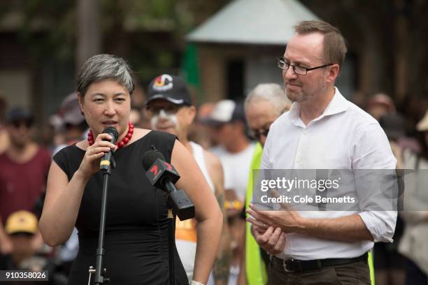 Member for NSW Greens, Jenny Leong speaks at the Invasion Day Rally on January 26, 2018 in Sydney, Australia. Australia Day, formerly known as...