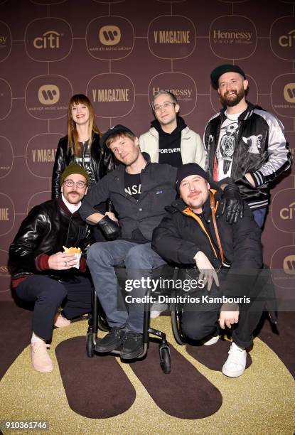 Zoe Manville, Kyle O'Quin, Jason Sechrist, John Gourley, Eric Howk, and Zachary Scott Carothers of Portugal. The Man attend the Warner Music Group...