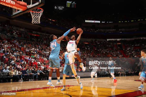 Derrick Jones Jr. #5 of the Miami Heat handles the ball against the Sacramento Kings on January 25, 2018 at AmericanAirlines Arena in Miami, Florida....