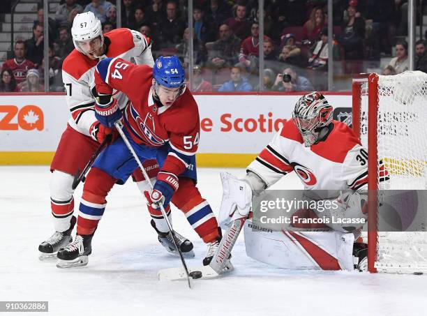 Cam Ward of the Carolina Hurricanes makes a save in front of Charles Hudon of the Montreal Canadiens in the NHL game at the Bell Centre on January...