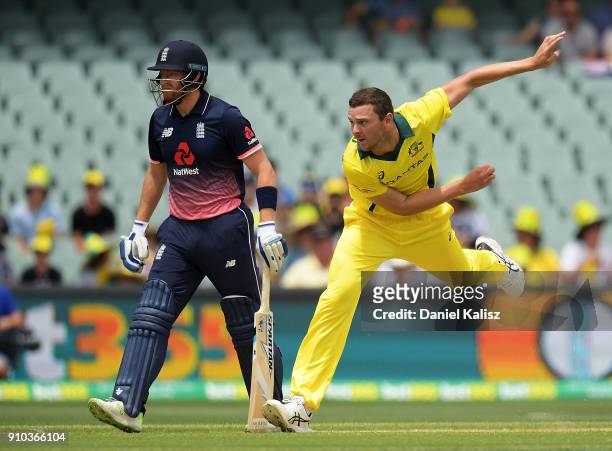 Josh Hazlewood of Australia bowls during game four of the One Day International series between Australia and England at Adelaide Oval on January 26,...
