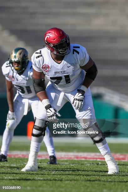 American offensive tackle Korey Cunningham from University of Cincinnati during the NFLPA Collegiate Bowl on Saturday, January 20 at the Rose Bowl in...