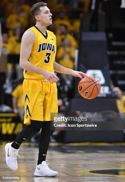 Iowa guard Jordan Bohannon with the ball in the second half during a Big Ten Conference basketball game between the Wisconsin Badgers and the Iowa...