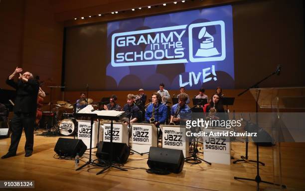 Jazz Education Hall of Fame Inductee Justin DiCioccio and GRAMMY Camp-Jazz Session students perform on stage at the GRAMMY Museum®'s ninth annual...