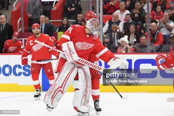 Detroit Red Wings goaltender Petr Mrazek comes out to replace Detroit Red Wings goaltender Jimmy Howard after three quick goals during the Detroit...