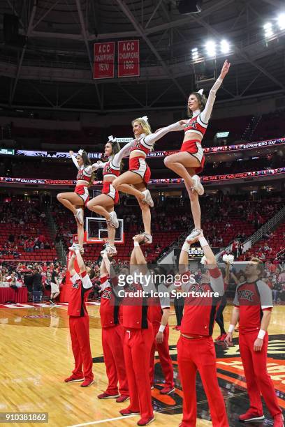 North Carolina State Wolfpack cheerleaders during the men's college basketball game between the Miami Hurricanes and NC State Wolfpack on January 21...