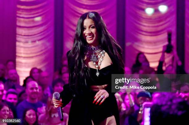 Cardi B performs onstage during the Warner Music Group Pre-Grammy Party in association with V Magazine on January 25, 2018 in New York City.