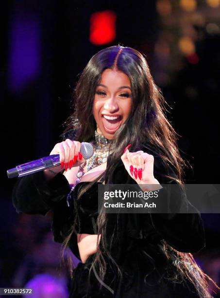 Cardi B performs onstage during the Warner Music Group Pre-Grammy Party in association with V Magazine on January 25, 2018 in New York City.