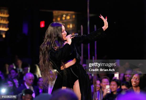 Cardi B performs onstage during the Warner Music Group Pre-Grammy Party in association with V Magazine on January 25, 2018 in New York City.