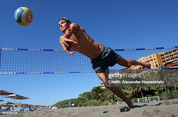 Thriathlon Olympic gold medallist Jan Frodeno plays beach volleyball during the 'Champion des Jahres' event week at the Robinson Club Sarigerme Park...