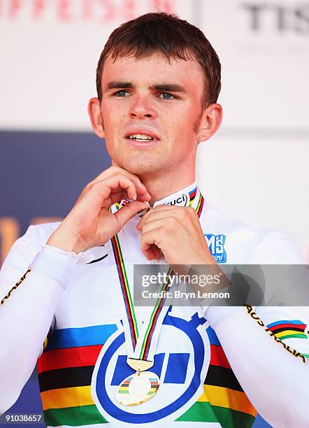 Jack Bobridge of Australia poses with his medal after winning the Men's Under 23 Time Trial at the 2009 UCI Road World Championships on September 23,...