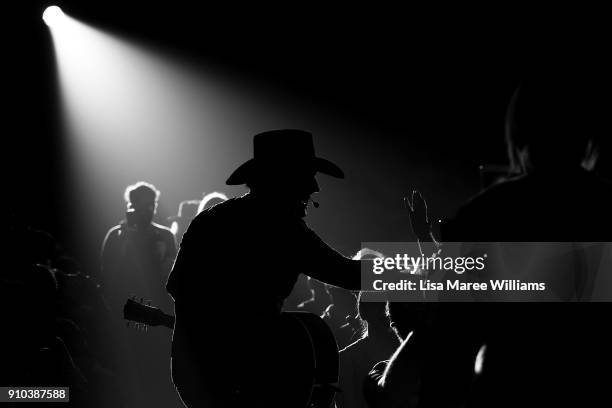 Lee Kernaghan greets fans during his show at TRECC ahead of Australia Day during the Toyota Country Music Festival Tamworth on January 25, 2018 in...