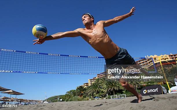 Thriathlon Olympic gold medallist Jan Frodeno plays beach volleyball during the 'Champion des Jahres' event week at the Robinson Club Sarigerme Park...