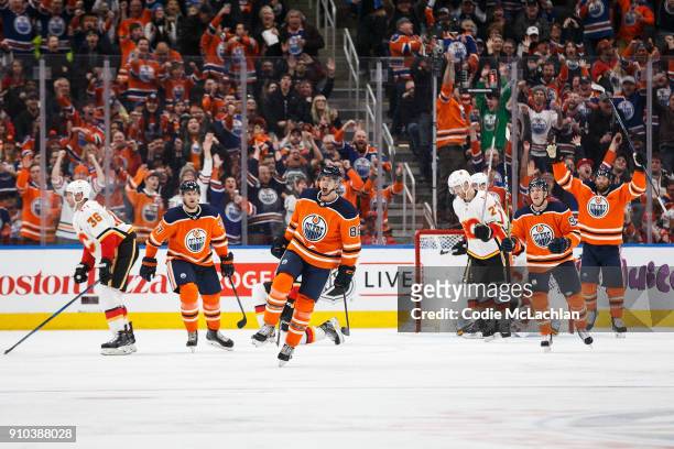 Brandon Davidson of the Edmonton Oilers celebrates his goal against the Calgary Flames at Rogers Place on January 25, 2018 in Edmonton, Canada.