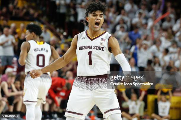 Arizona State Sun Devils guard Remy Martin is fired up after a big play during the college basketball game between the Utah Utes and the Arizona...