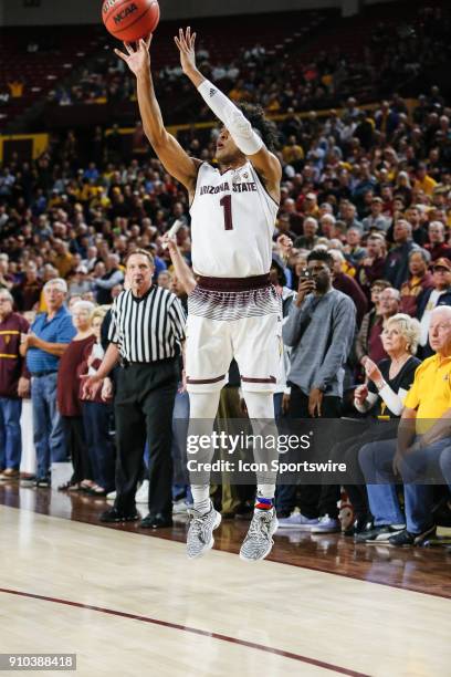 Arizona State Sun Devils guard Remy Martin shoots a three point shot during the college basketball game between the Utah Utes and the Arizona State...