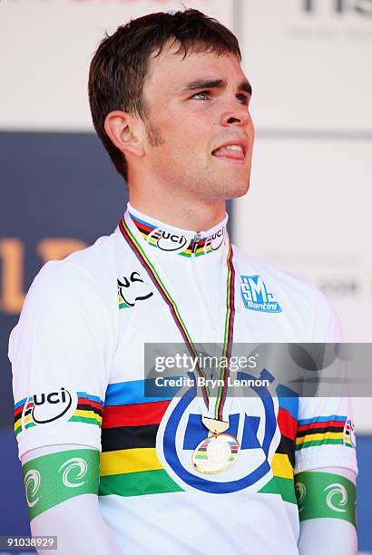 Jack Bobridge of Australia poses with his medal after winning the Men's Under 23 Time Trial at the 2009 UCI Road World Championships on September 23,...