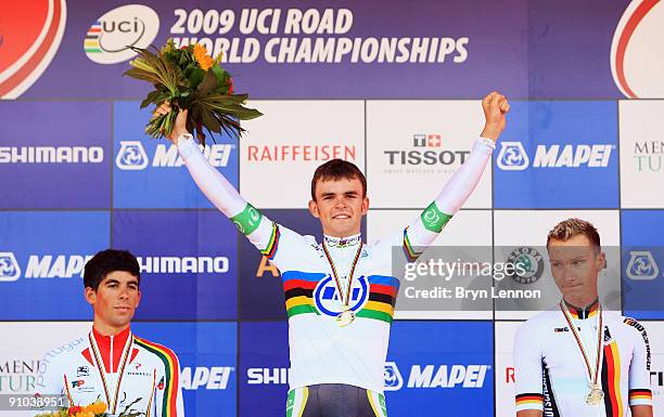 Jack Bobridge of Australia poses with his gold medal after beating Nelson Oliveira of Portugal and Patrick Grabsch of Germany in the Men's Under 23...