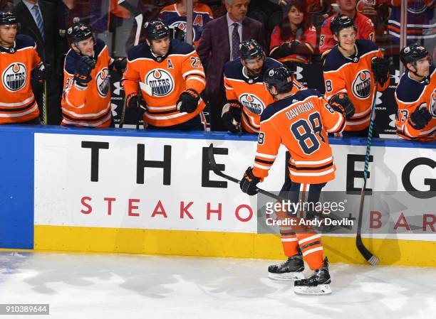 Brandon Davidson of the Edmonton Oilers celebrates after scoring a goal during the game against the Calgary Flames on January 25, 2017 at Rogers...