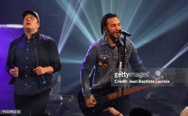 Patrick Stump and Pete Wentz of the Fall Out Boy perform on stage during the iHeartRadio Album Release Party With Fall Out Boy on January 26, 2018 in...