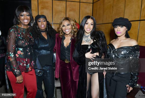 Guest, Missy Elliott, a guest, Cardi B, and Hennessy Carolina attend the Warner Music Group Pre-Grammy Party in association with V Magazine on...