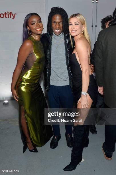 Justine Skye, Daniel Caesar and Hailey Baldwin attend "Spotify's Best New Artist Party" at Skylight Clarkson on January 25, 2018 in New York City.