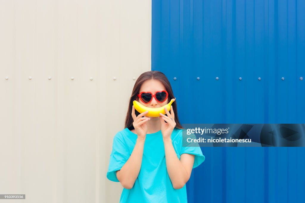 Heart Shape Sunglasses Woman with Funny Big Banana Smile