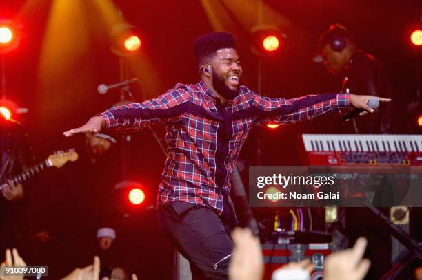 Singer Khalid performs onstage at "Spotify's Best New Artist Party" at Skylight Clarkson on January 25, 2018 in New York City.