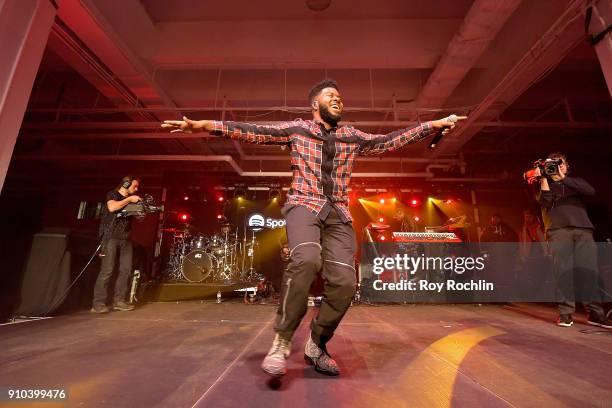 Singer Khalid performs onstage at "Spotify's Best New Artist Party" at Skylight Clarkson on January 25, 2018 in New York City.