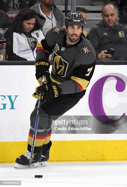 Jason Garrison of the Vegas Golden Knights skates with the puck against the New York Islanders in the first period of their game at T-Mobile Arena on...