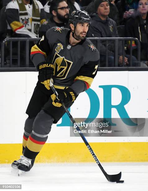 Jason Garrison of the Vegas Golden Knights skates with the puck against the New York Islanders in the first period of their game at T-Mobile Arena on...