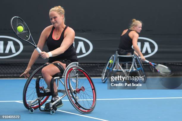 Aniek Van Koot of the Netherlands and Diede De Groot of the Netherlands compete in the women's wheelchair doubles final against Yui Kamij of Japan...