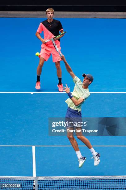 Rudolf Molleker of Germany and Henri Squire of Germany compete in the boy's doubles final against Hugo Gaston of France and Clement Tabur of France...