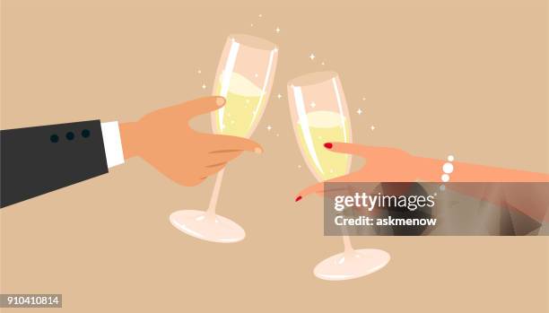 illustrazioni stock, clip art, cartoni animati e icone di tendenza di champagne - coppia di giovani