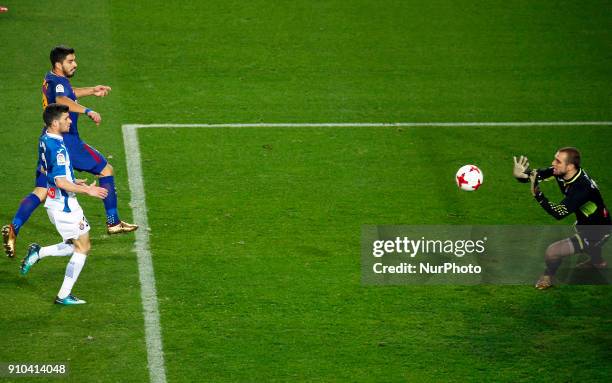 Luis Suarez and Pau Lopez during the Copa del Rey match between FC Barcelona and RCD Espanyol played in Barcelona, on January 25, 2018.