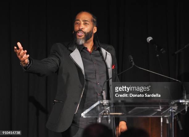 Sekou Andrews speaks onstage during Learning Lab Ventures Gala in Partnership with NET-A-PORTER on January 25, 2018 in Beverly Hills, California.