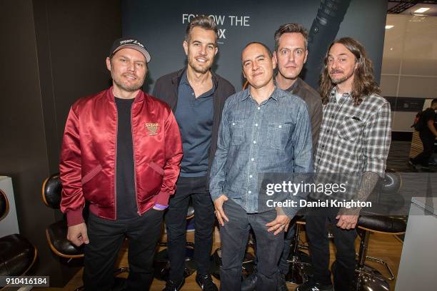 Musicians Chad Sexton, Nick Hexum, SA Martinez, P-Nut, and Tim Mahoney of 311 pose for a photo at Anaheim Convention Center on January 25, 2018 in...