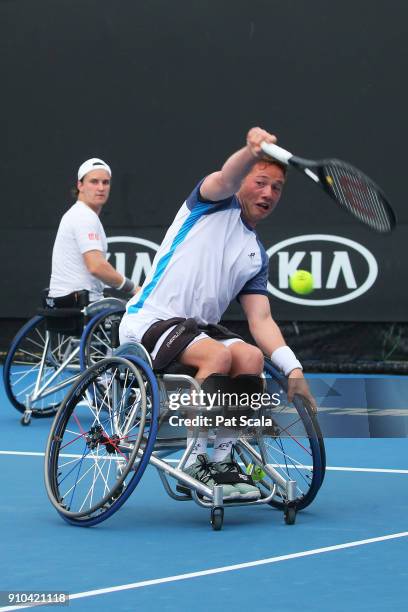 Gordon Reid of Great Britain and Alfie Hewitt of Great Britain compete in the men's wheelchair doubles final against Stephane Houdet of France and...