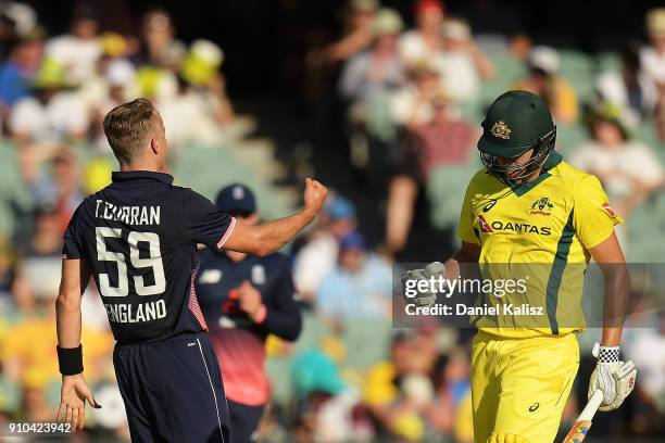 Tom Curran of England celebrates after dismissing Cameron White of Australia during game four of the One Day International series between Australia...