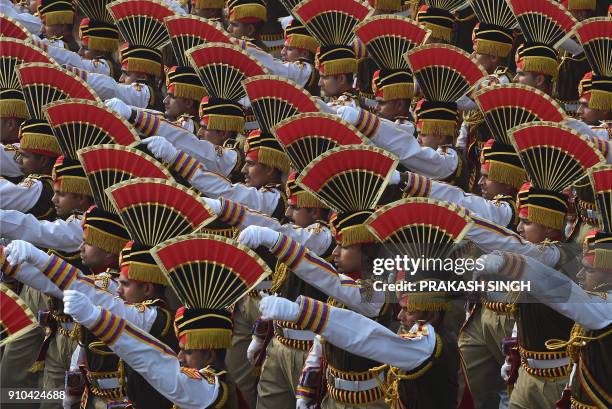 The Delhi Police contingent march past during India's 69th Republic Day Parade in New Delhi on January 26, 2018. India is marking its 69th Republic...