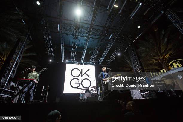 Musicians Tim Nordwind, Dan Konopka, Damian Kulash, and Andy Ross of OK Go peform on stage at Anaheim Convention Center on January 25, 2018 in...